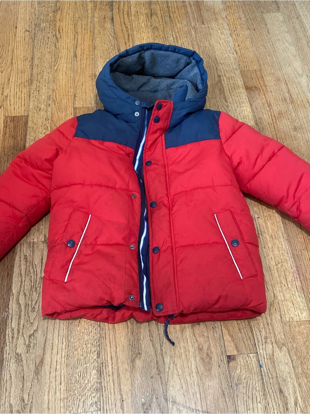 Mini Boden Kids Heavyweight Color block Puffer Jacket Red Navy 6-7Y 122cm